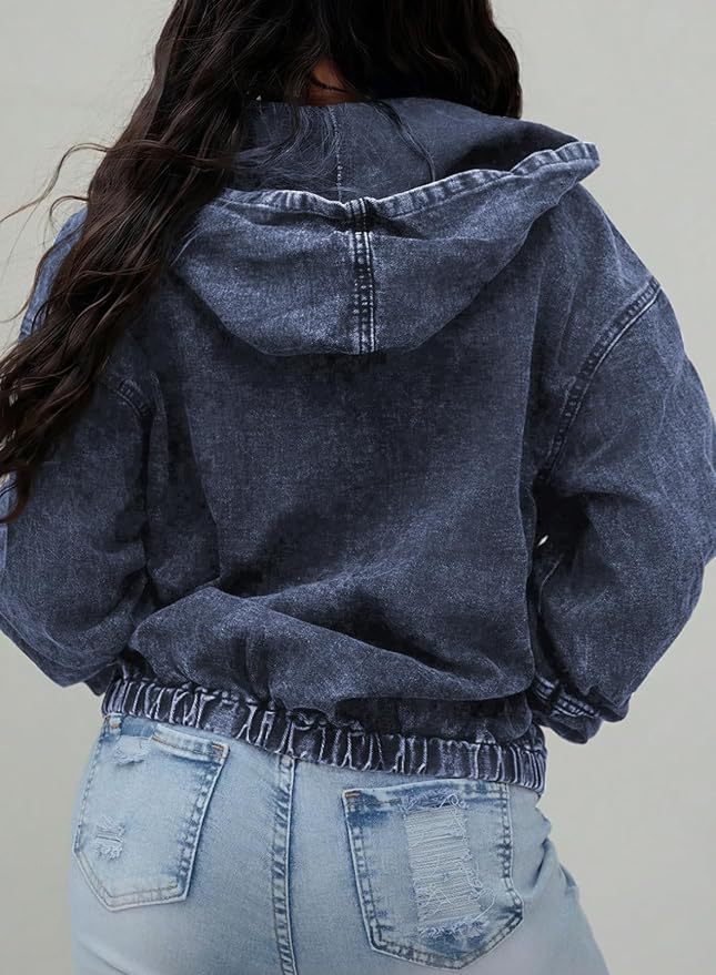 Acid Wash Hooded Oversized Denim Jacket - DarkBlue - 1