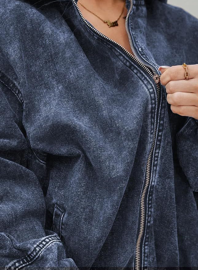 Acid Wash Hooded Oversized Denim Jacket - DarkBlue - 2