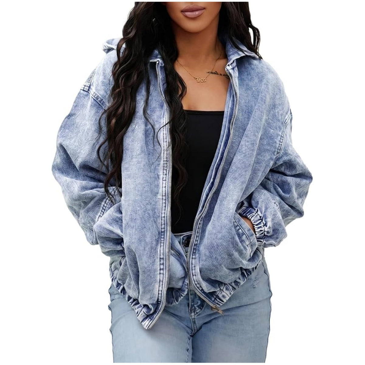 Acid Wash Hooded Oversized Denim Jacket - LightBlue