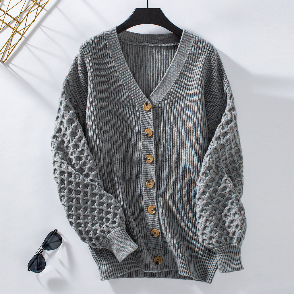 Honeycomb Sleeve Button Down Knit Cardigan - Grey