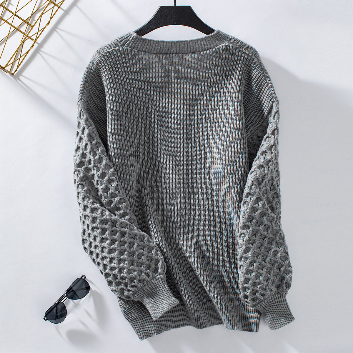 Honeycomb Sleeve Button Down Knit Cardigan - Grey - 1