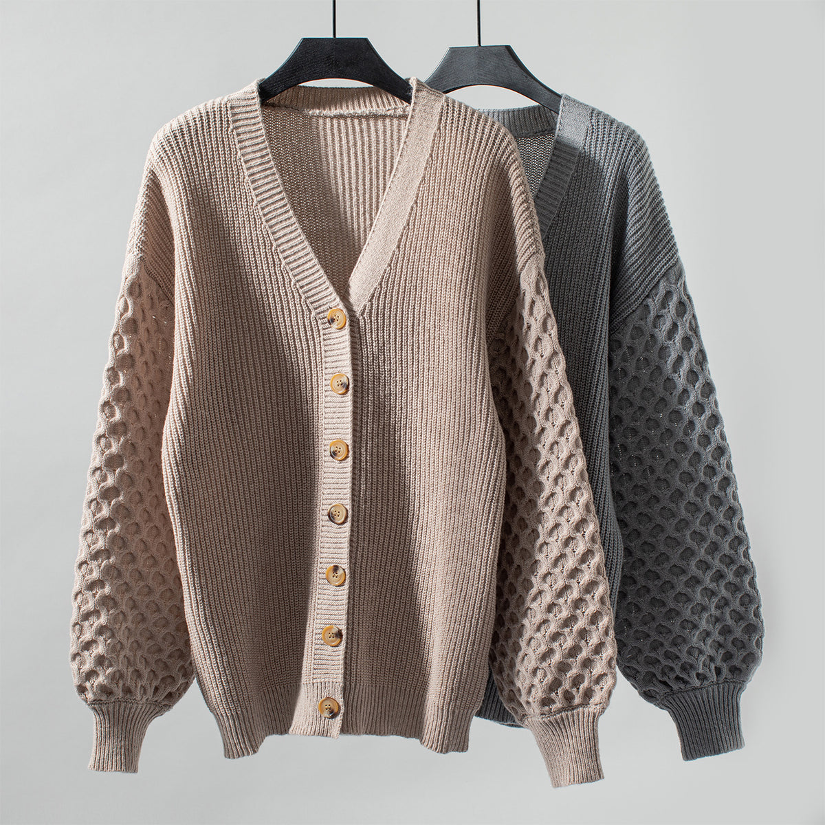 Honeycomb Sleeve Button Down Knit Cardigan - Grey - 2