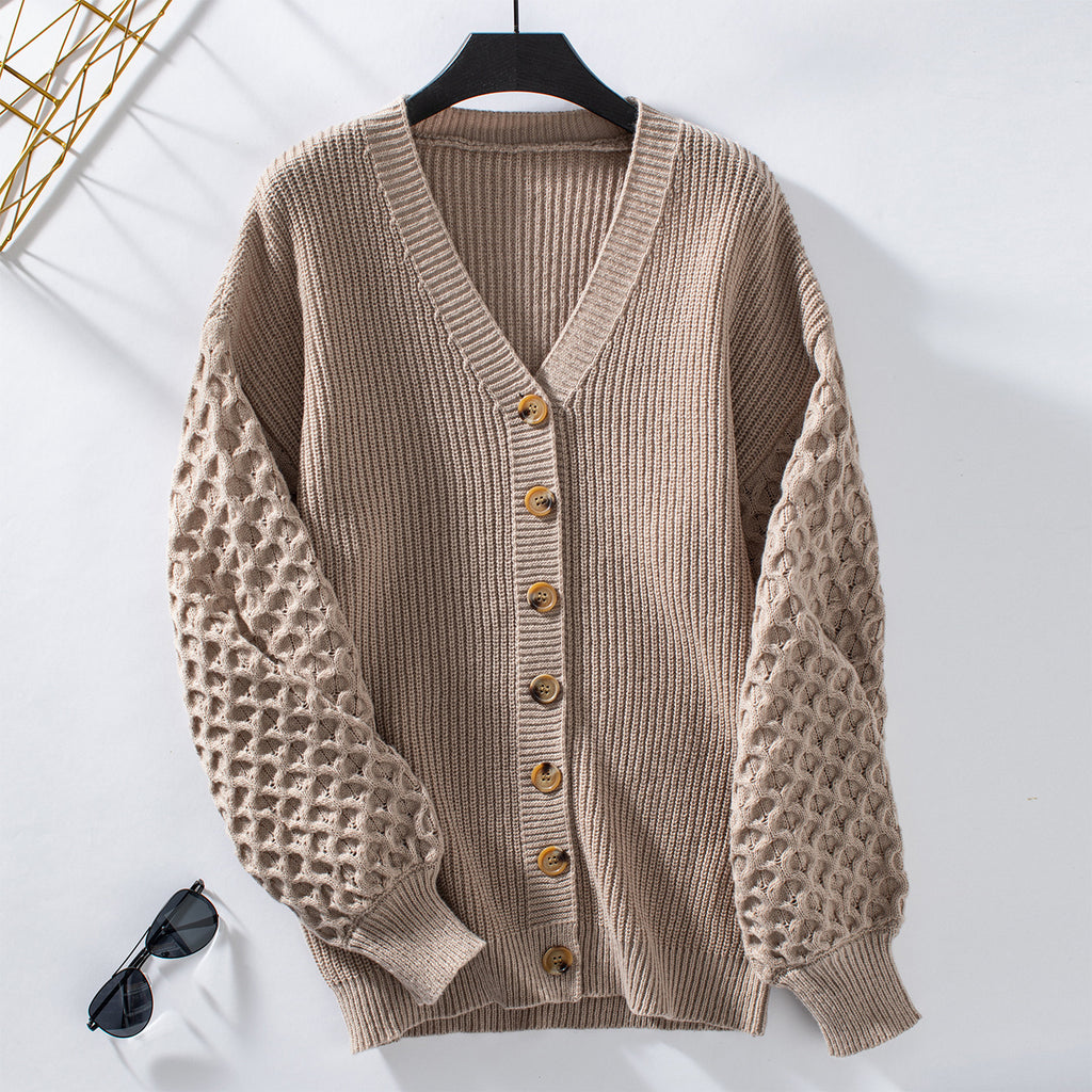 Honeycomb Sleeve Button Down Knit Cardigan - Khaki