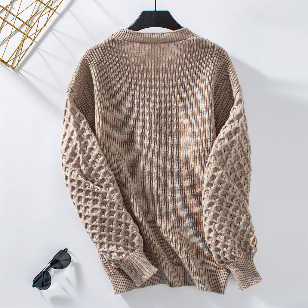 Honeycomb Sleeve Button Down Knit Cardigan - Khaki - 1