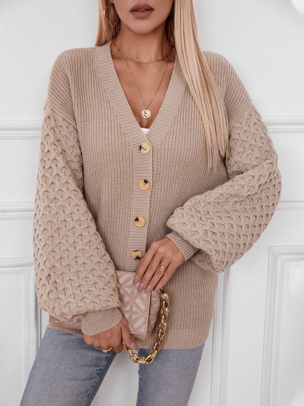Honeycomb Sleeve Button Down Knit Cardigan - Khaki - 3