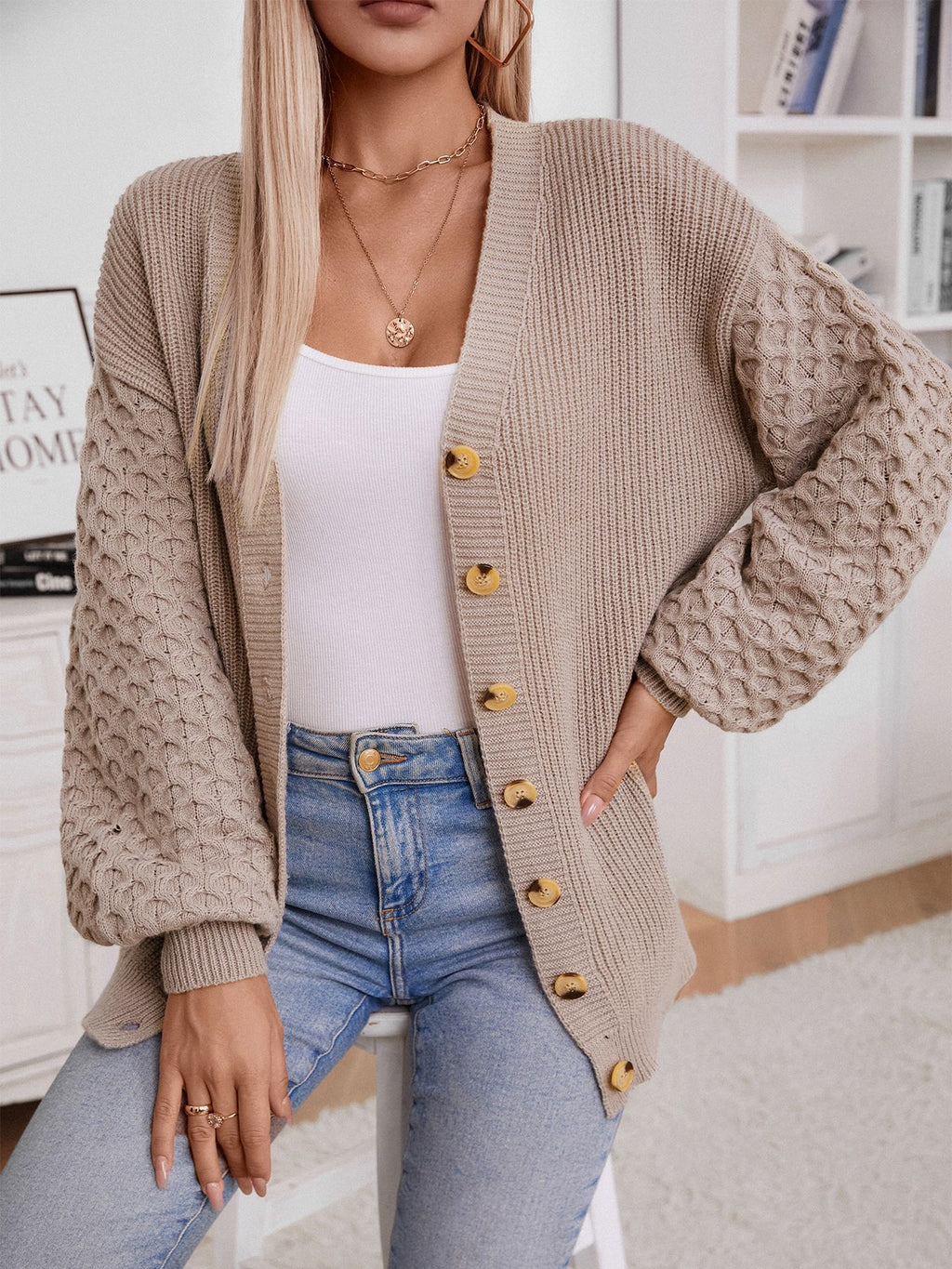 Honeycomb Sleeve Button Down Knit Cardigan - Khaki - 4