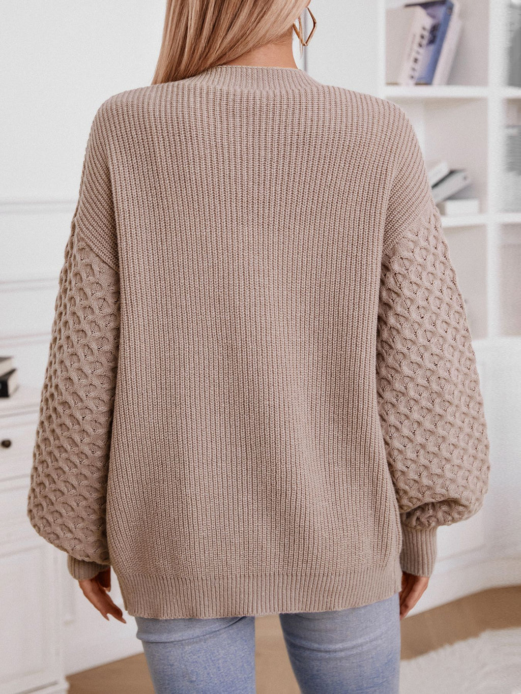 Honeycomb Sleeve Button Down Knit Cardigan - Khaki - 5