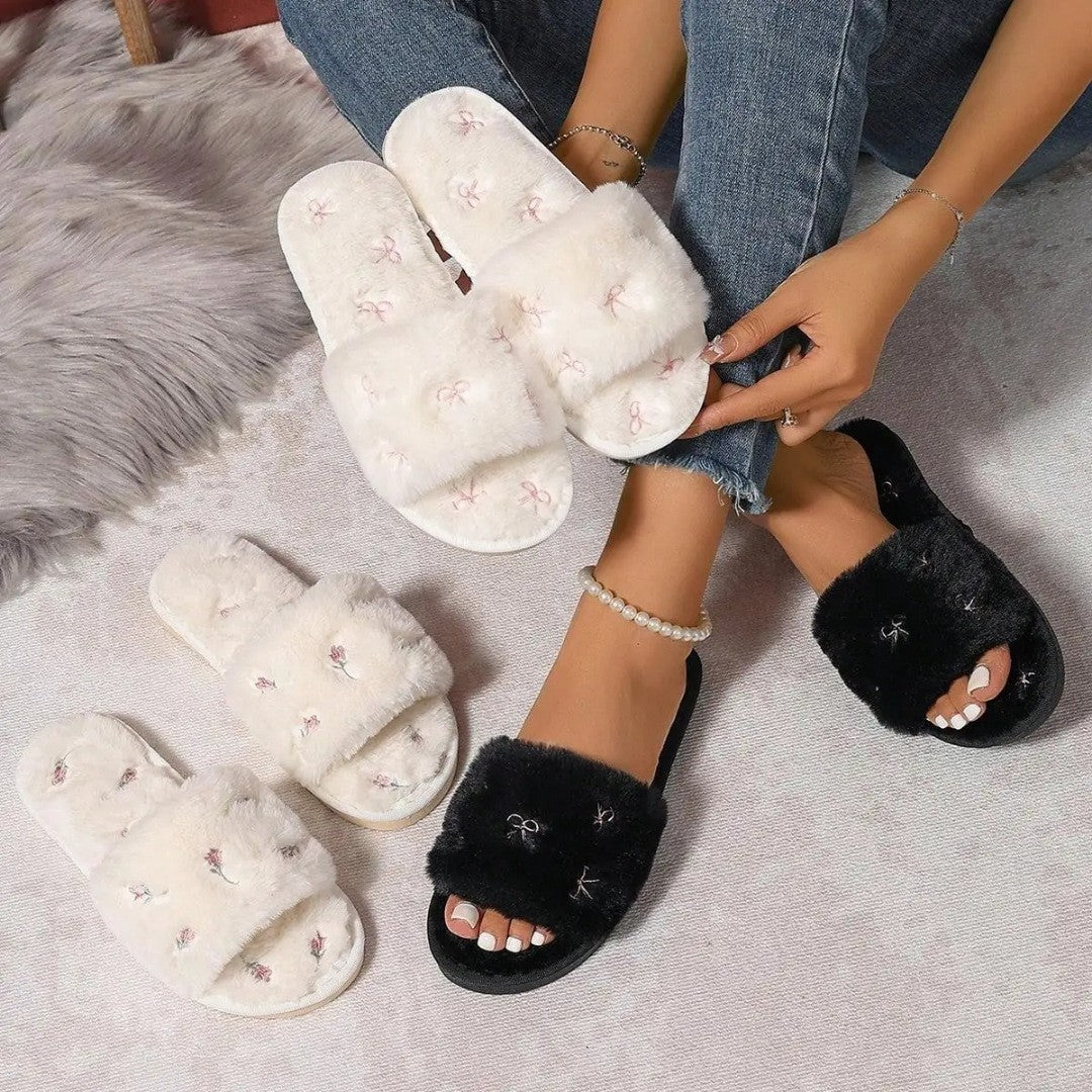 Bow Embroidered Faux Fur Open Toe Slide Slippers