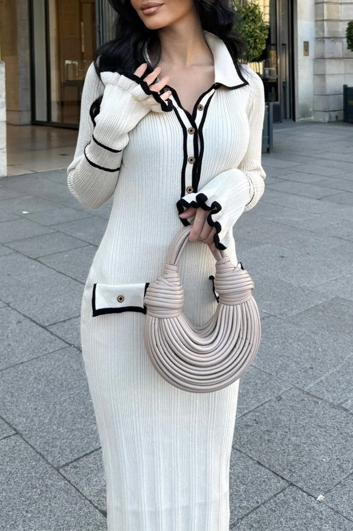 Contrast Trim Ribbed Knit Polo Dress - L_White - 1