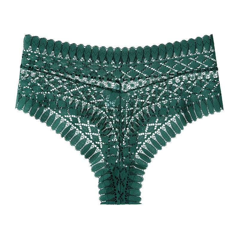 Geometric Openwork Lace Mid Rise Cheeky Panty - Dark Green