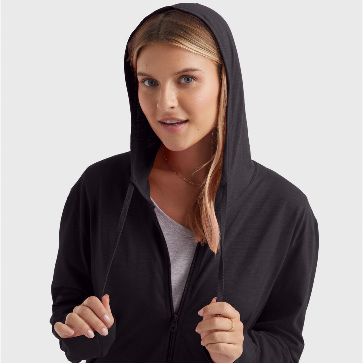 Lightweight Slub Jersey Zip Up Athletic Hoodie - Black