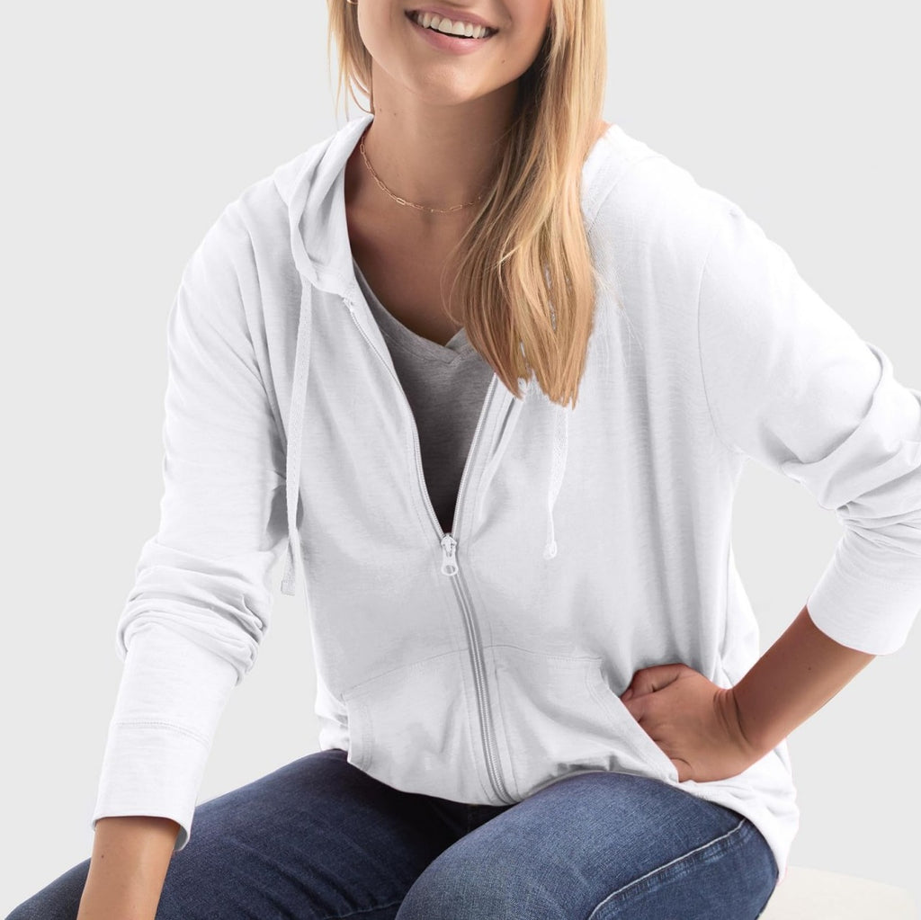 Lightweight Slub Jersey Zip Up Athletic Hoodie - White