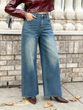 Heart Back Pocket Vintage Wash Wide Leg Jeans - Blue