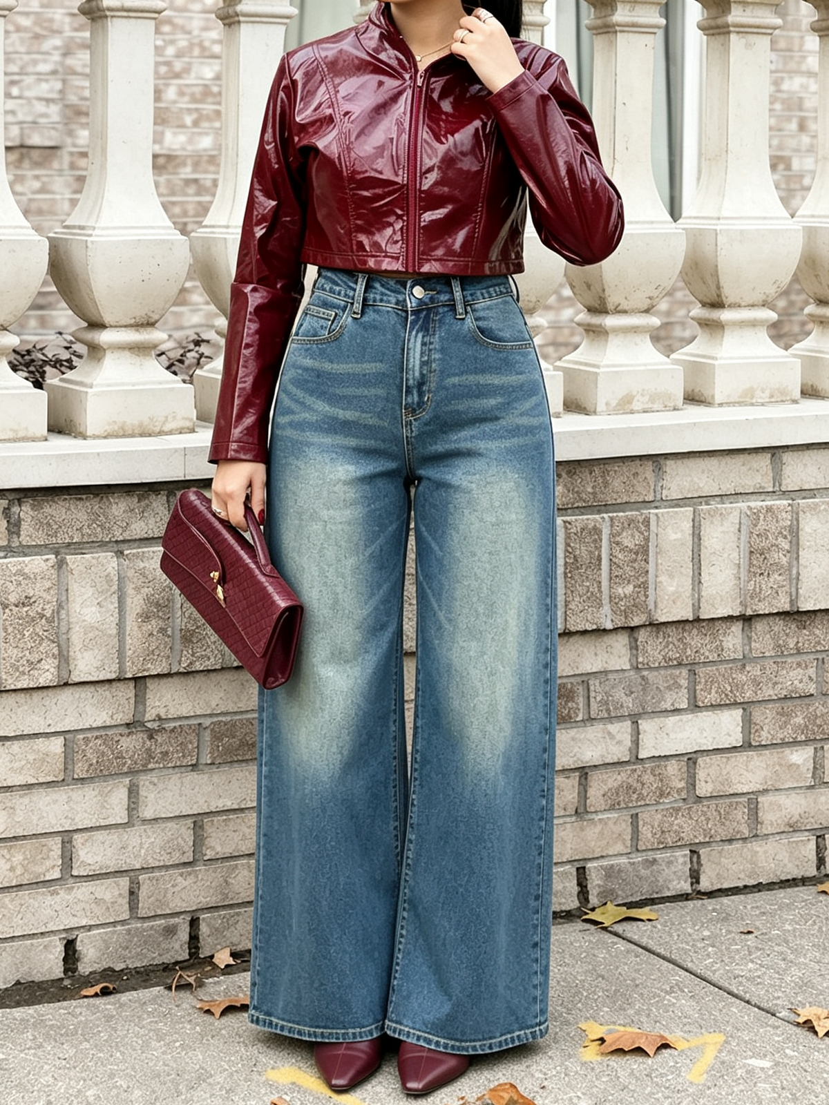 Heart Back Pocket Vintage Wash Wide Leg Jeans - Blue - 3
