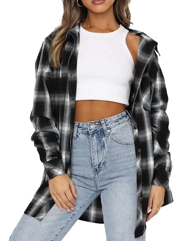Oversized Plaid Flannel Boyfriend Shirt - Black