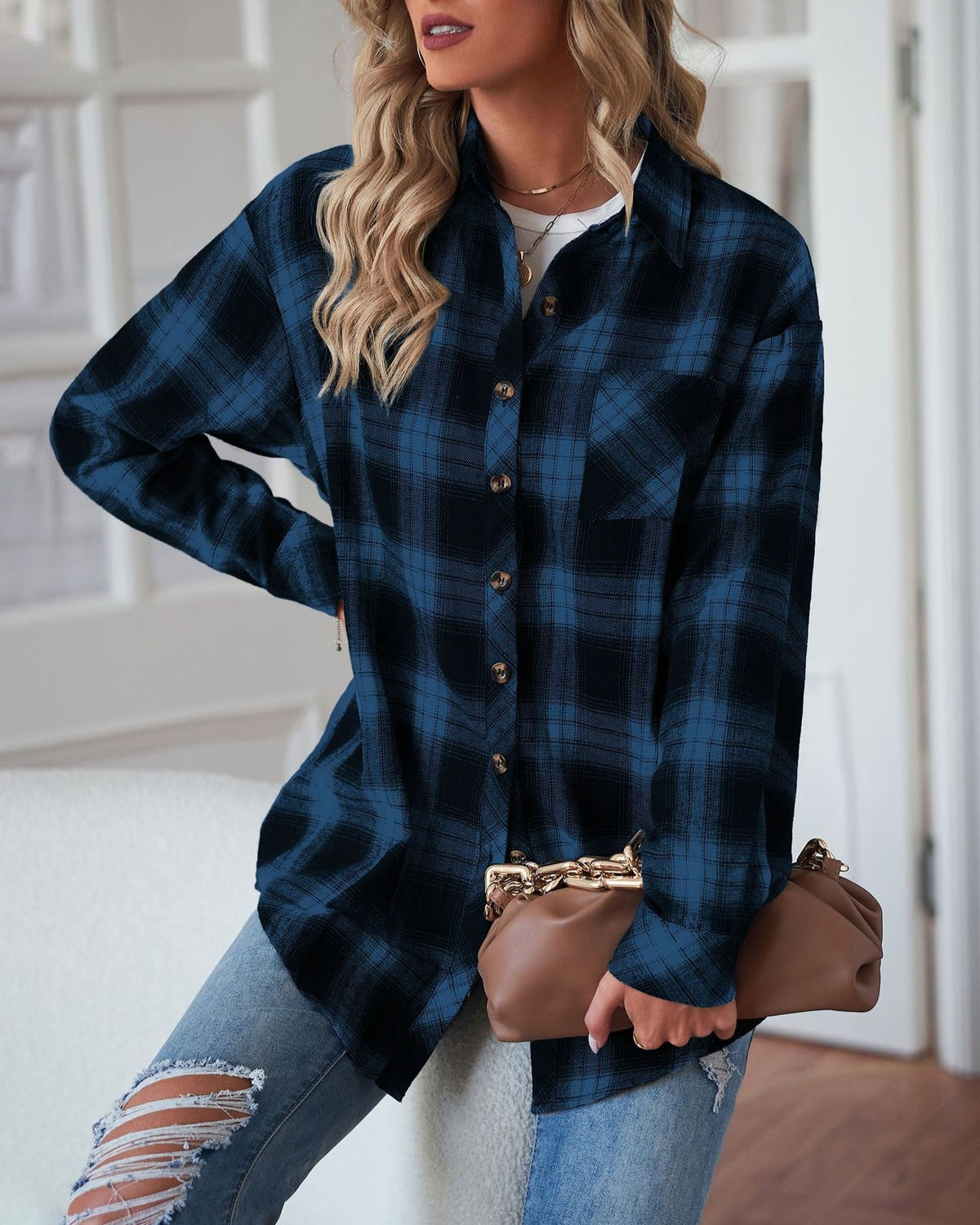 Oversized Plaid Flannel Boyfriend Shirt - Blue