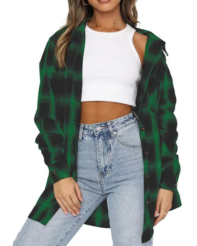 Oversized Plaid Flannel Boyfriend Shirt - Green