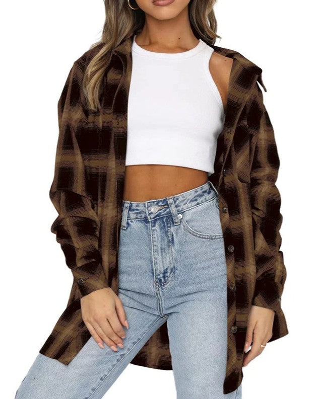 Oversized Plaid Flannel Boyfriend Shirt - Khaki