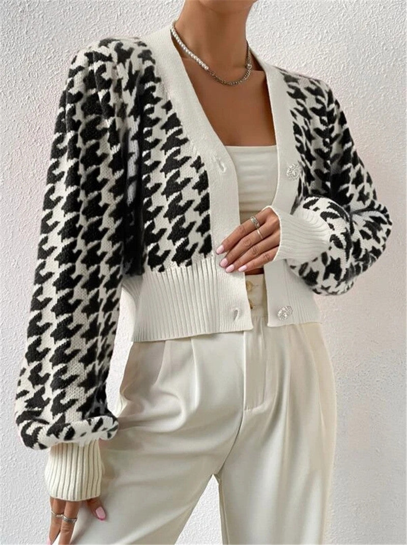 Houndstooth Button Front Cropped Cardigan - Black - 1
