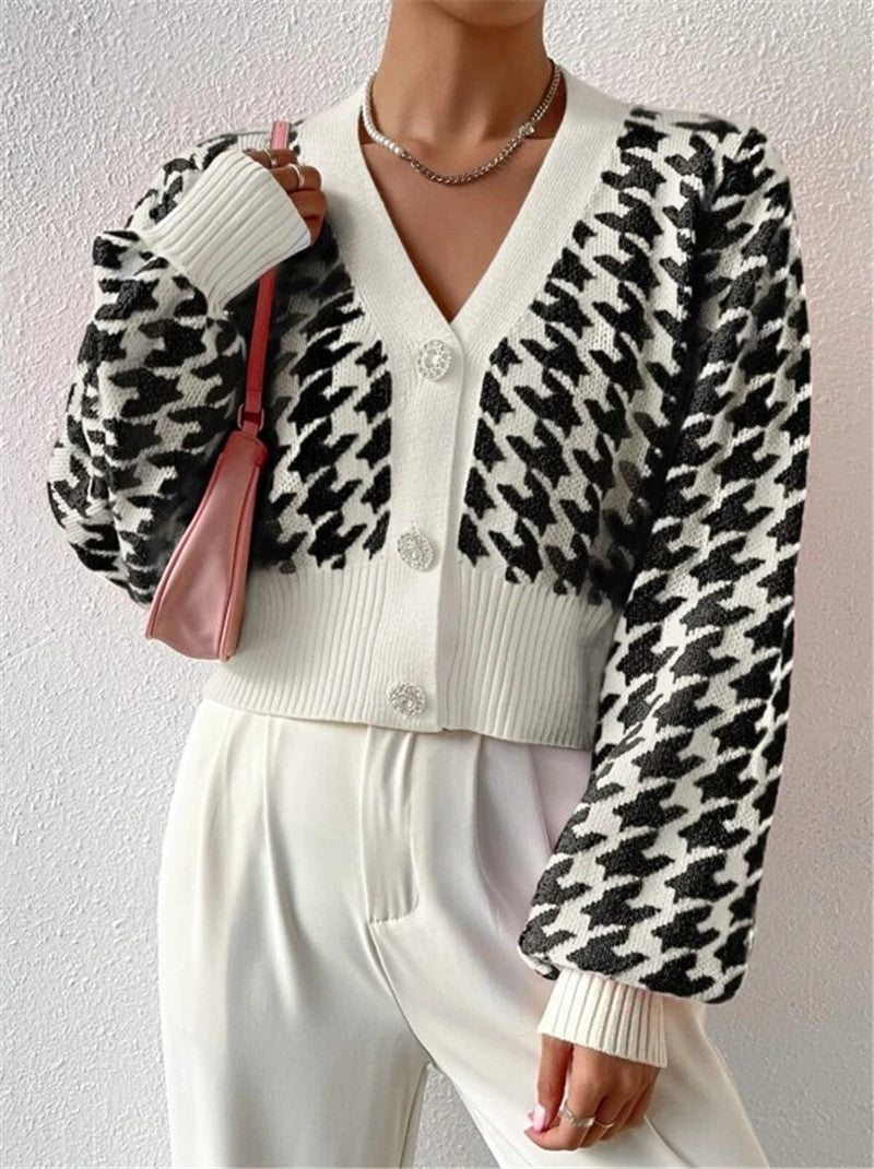 Houndstooth Button Front Cropped Cardigan - Black - 2