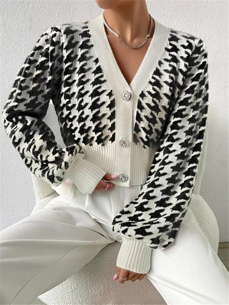 Houndstooth Button Front Cropped Cardigan - Black - 3