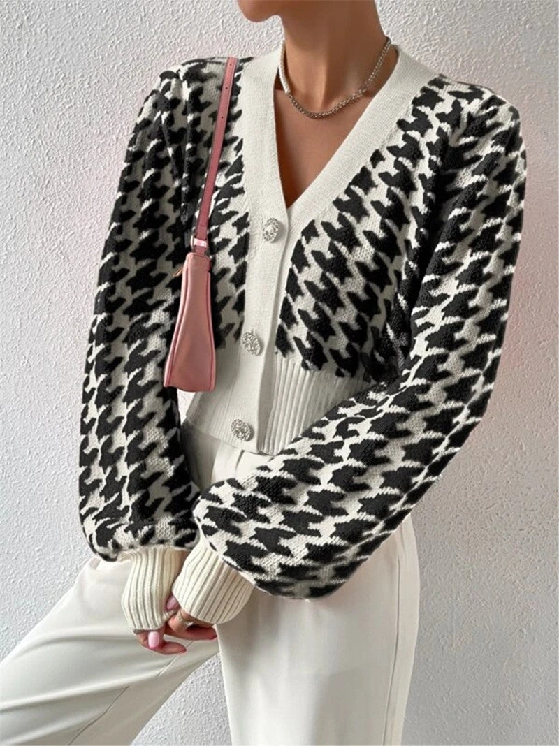 Houndstooth Button Front Cropped Cardigan - Black - 4
