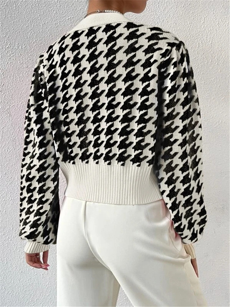 Houndstooth Button Front Cropped Cardigan - Black - 5