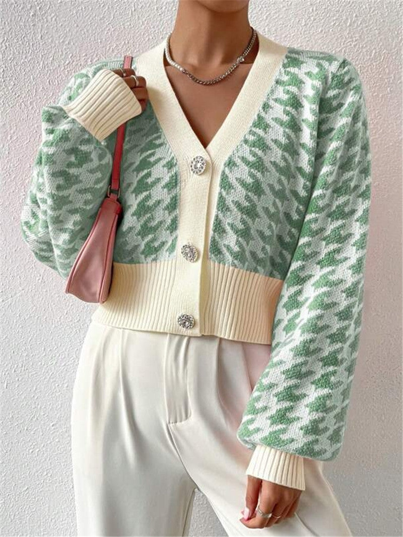 Houndstooth Button Front Cropped Cardigan - Green