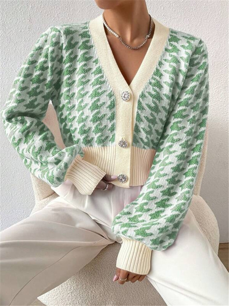 Houndstooth Button Front Cropped Cardigan - Green - 1