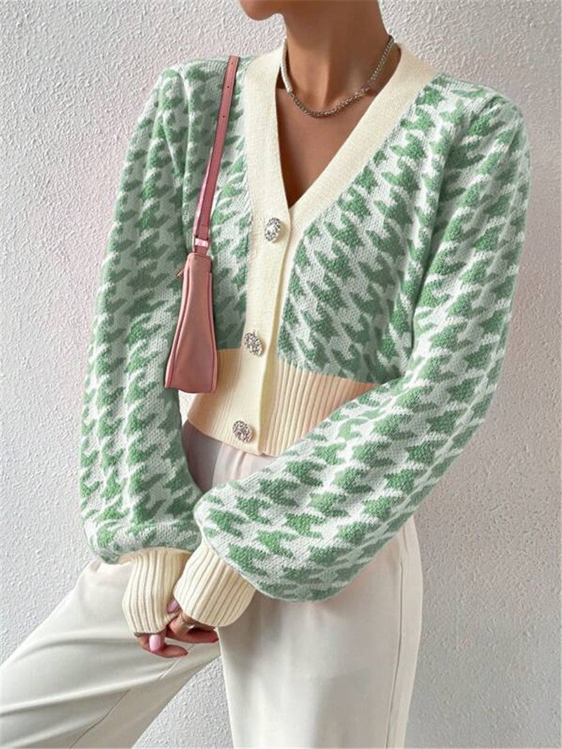 Houndstooth Button Front Cropped Cardigan - Green - 2