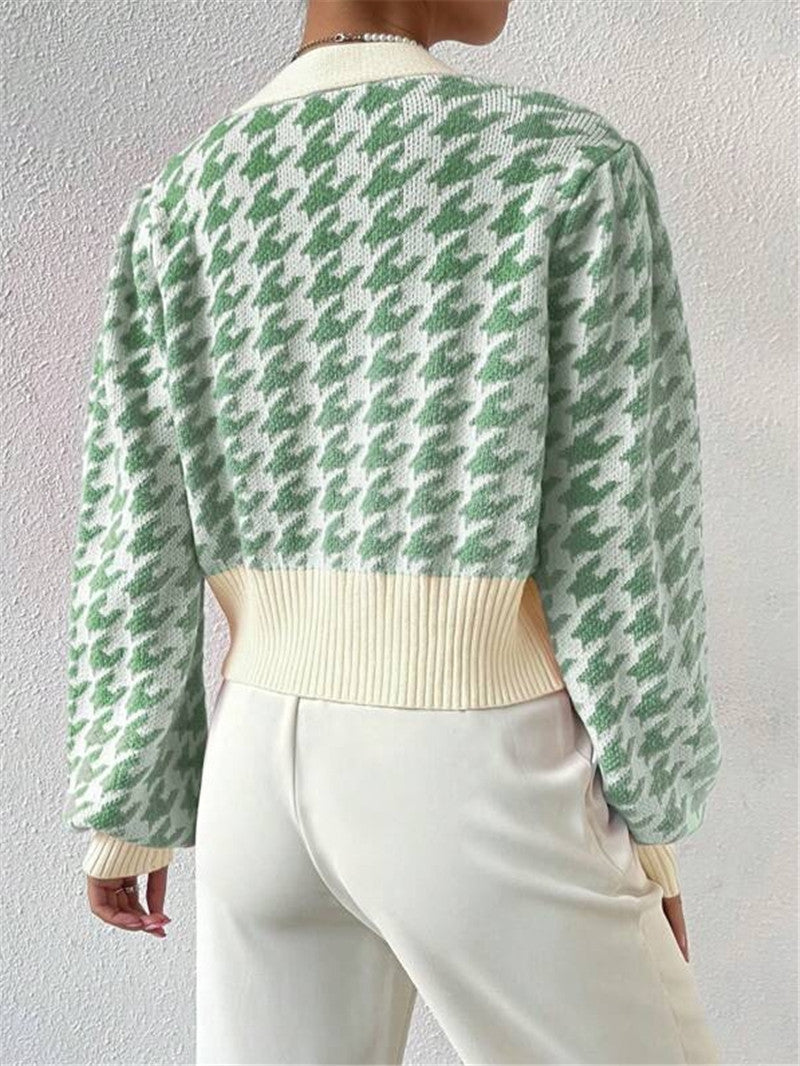Houndstooth Button Front Cropped Cardigan - Green - 3