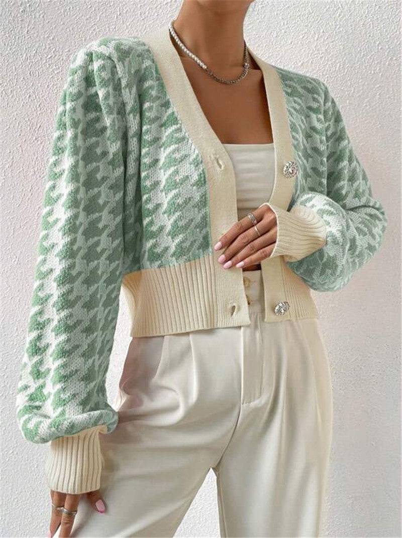 Houndstooth Button Front Cropped Cardigan - Green - 4