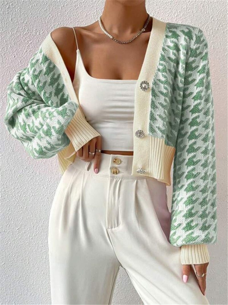 Houndstooth Button Front Cropped Cardigan - Green - 5