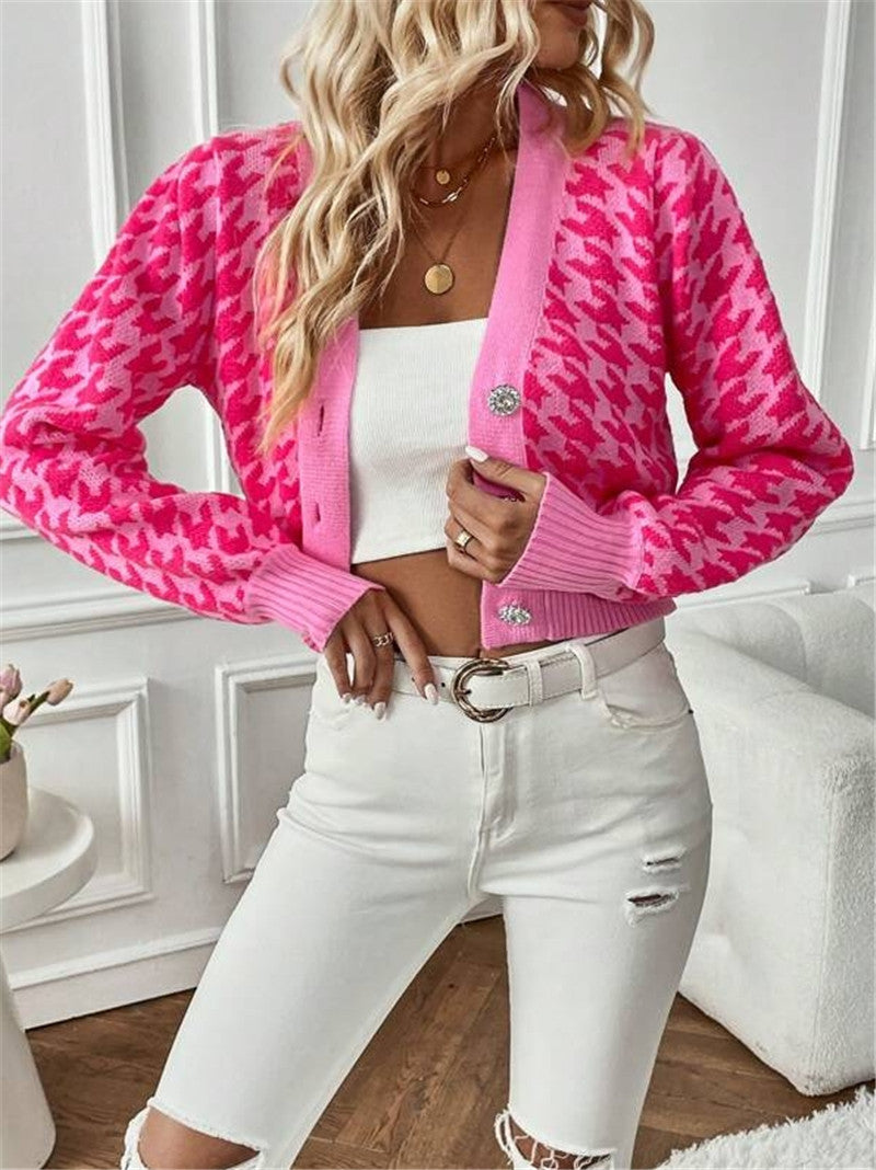 Houndstooth Button Front Cropped Cardigan - Hot-Pink - 1