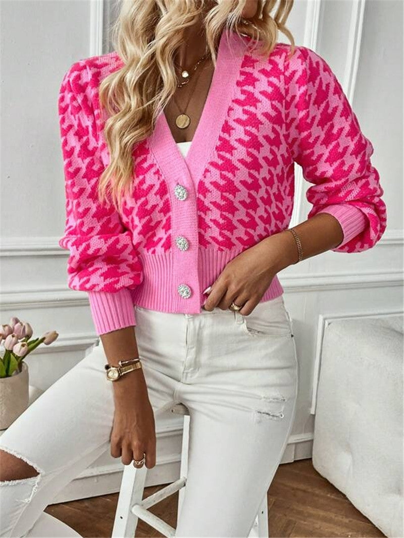 Houndstooth Button Front Cropped Cardigan - Hot-Pink - 2