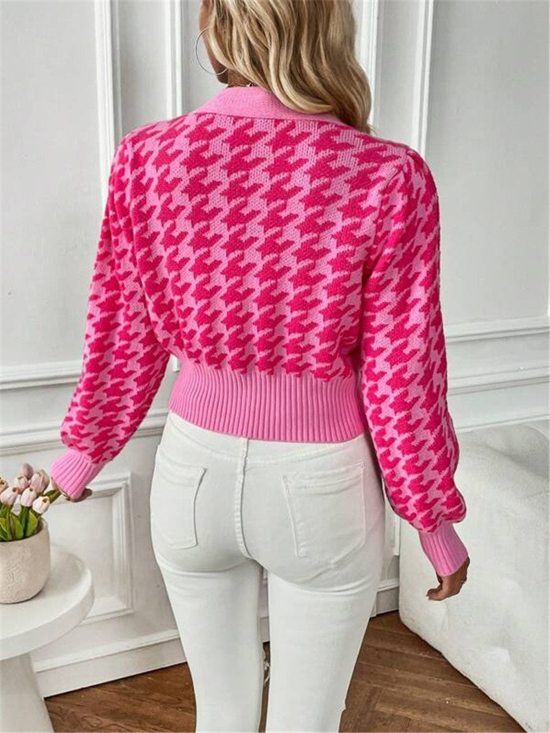 Houndstooth Button Front Cropped Cardigan - Hot-Pink - 3