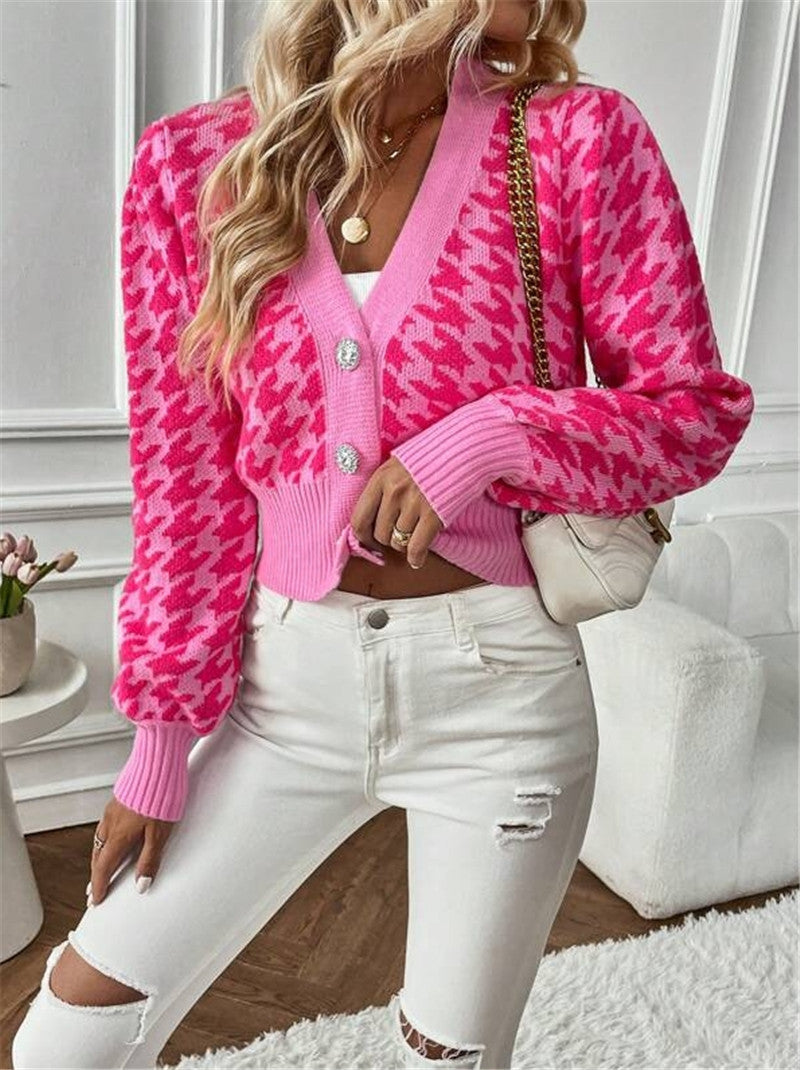 Houndstooth Button Front Cropped Cardigan - Hot-Pink - 4