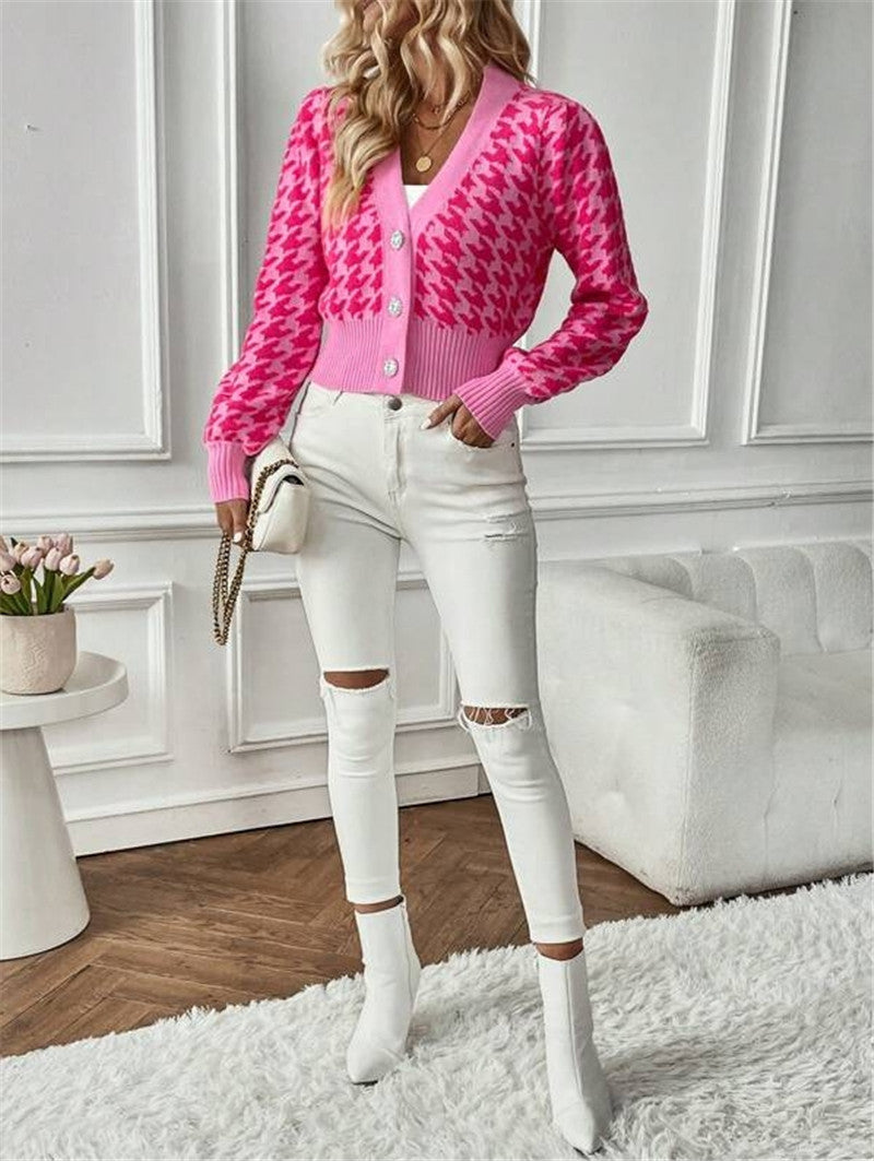Houndstooth Button Front Cropped Cardigan - Hot-Pink - 5