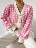 Houndstooth Button Front Cropped Cardigan - Pink