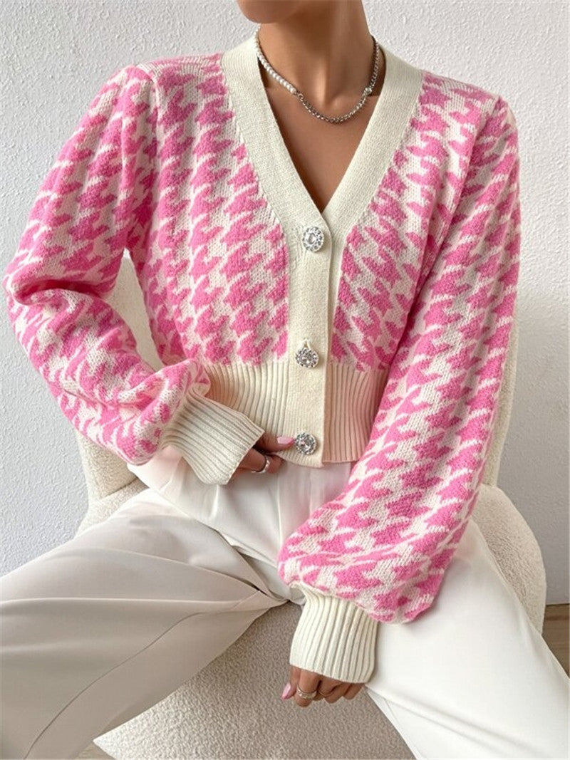Houndstooth Button Front Cropped Cardigan - Pink
