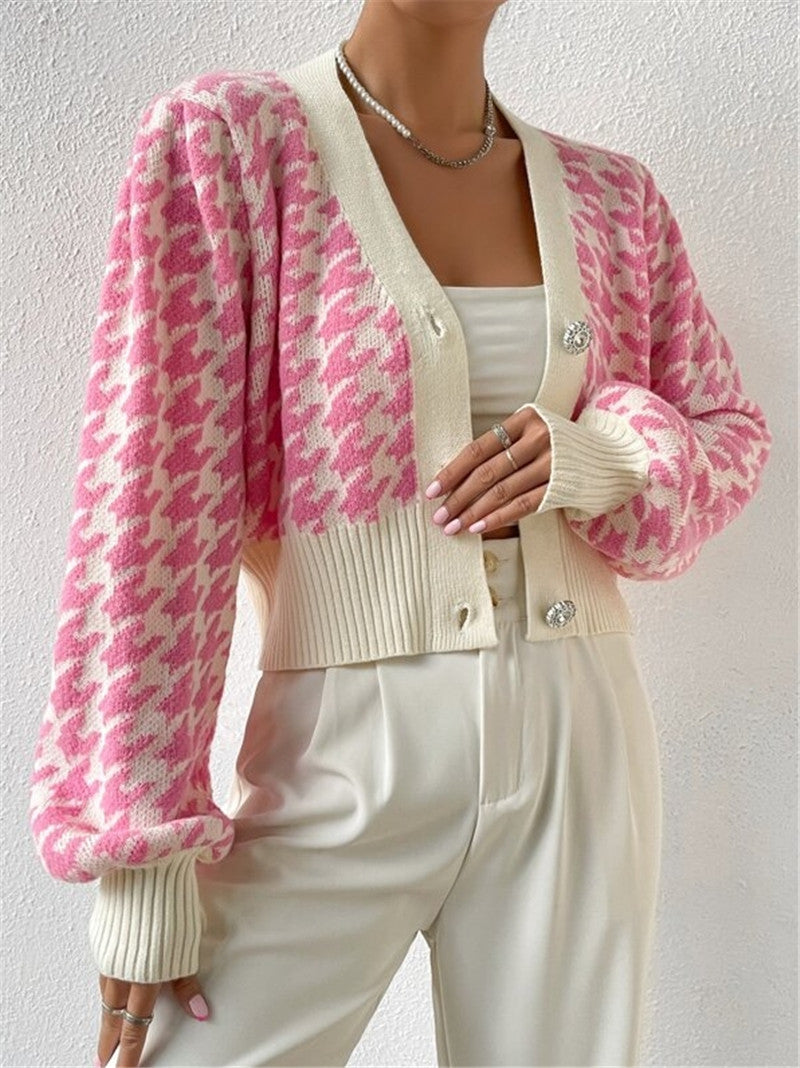 Houndstooth Button Front Cropped Cardigan - Pink - 2