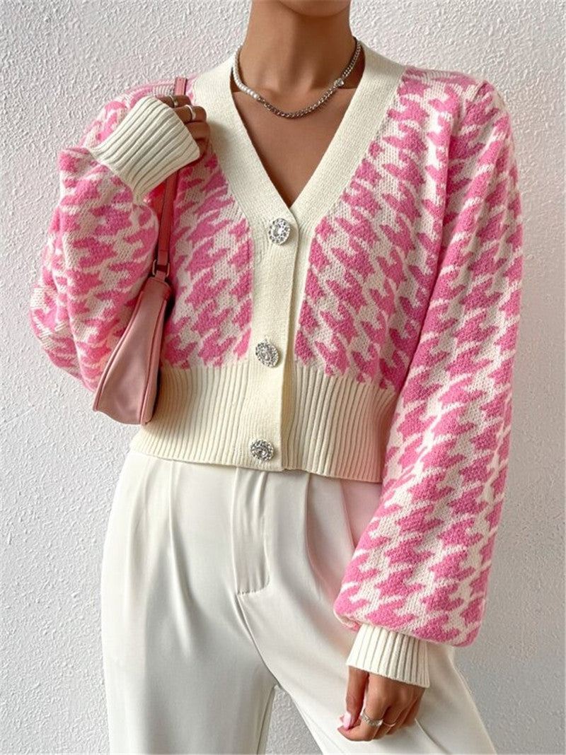 Houndstooth Button Front Cropped Cardigan - Pink - 3