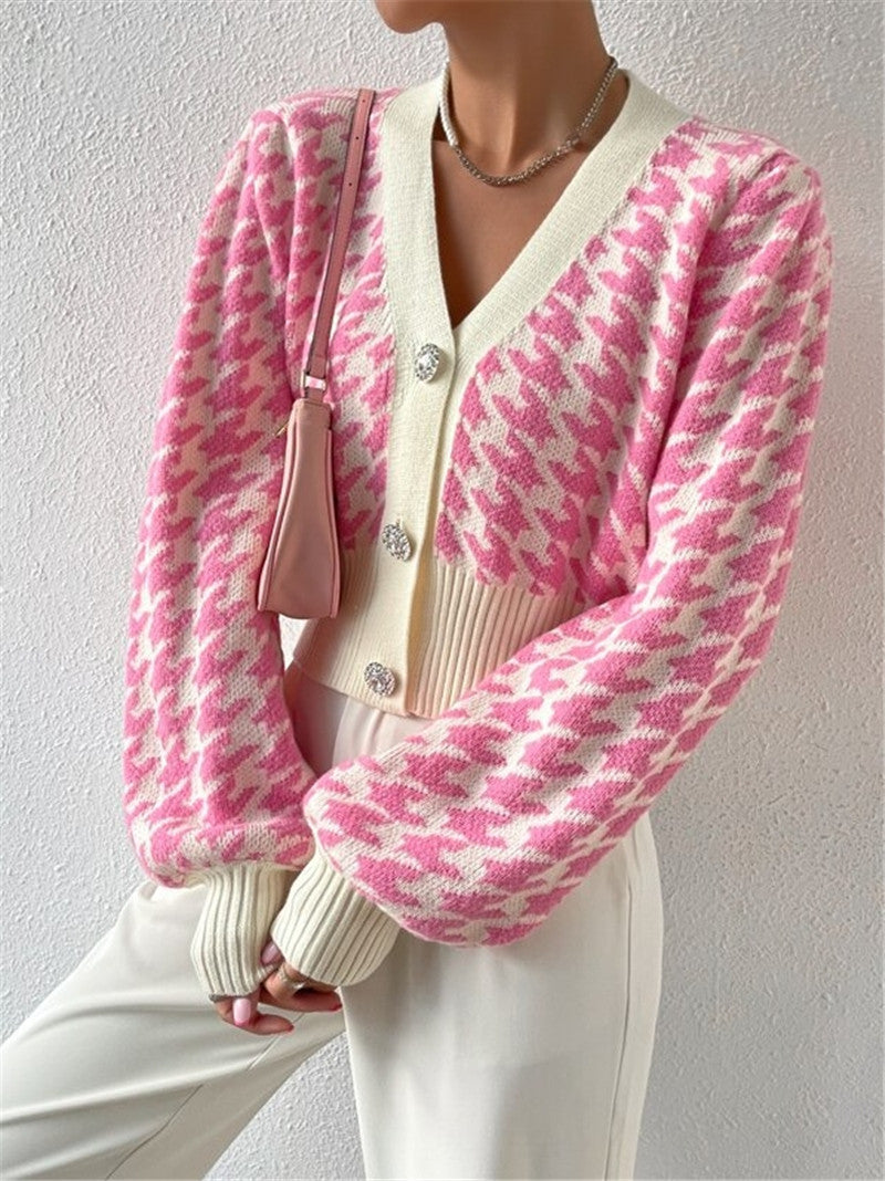Houndstooth Button Front Cropped Cardigan - Pink - 4
