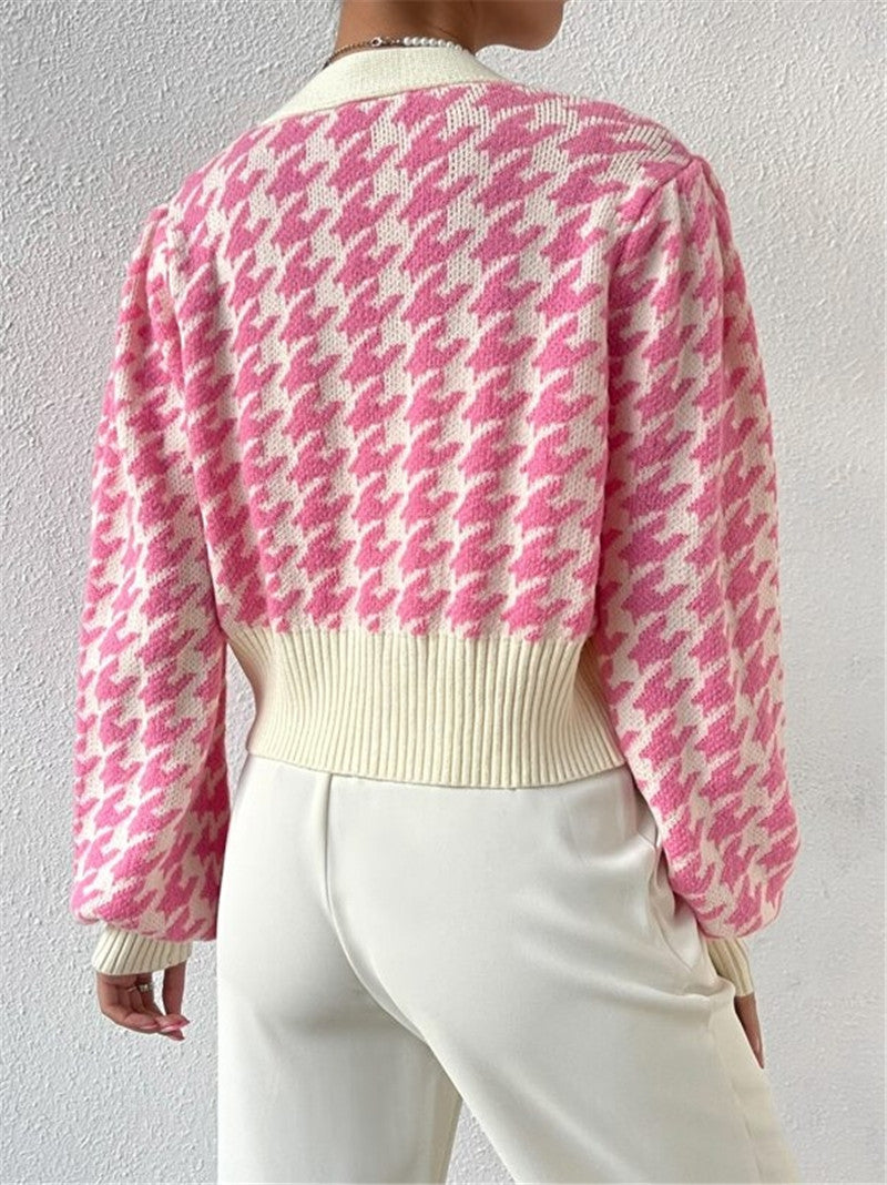 Houndstooth Button Front Cropped Cardigan - Pink - 5