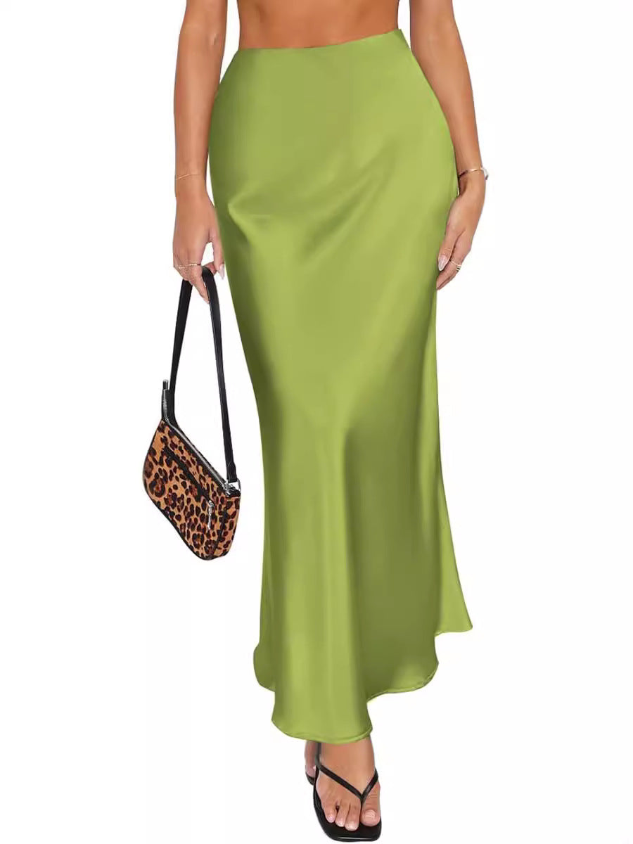 Fluid Satin Bias Cut Column Maxi Skirt - Green