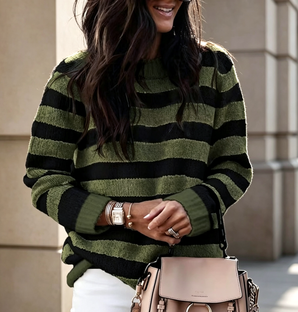 Cozy Colorblock Stripe Crewneck Sweater - DGreen