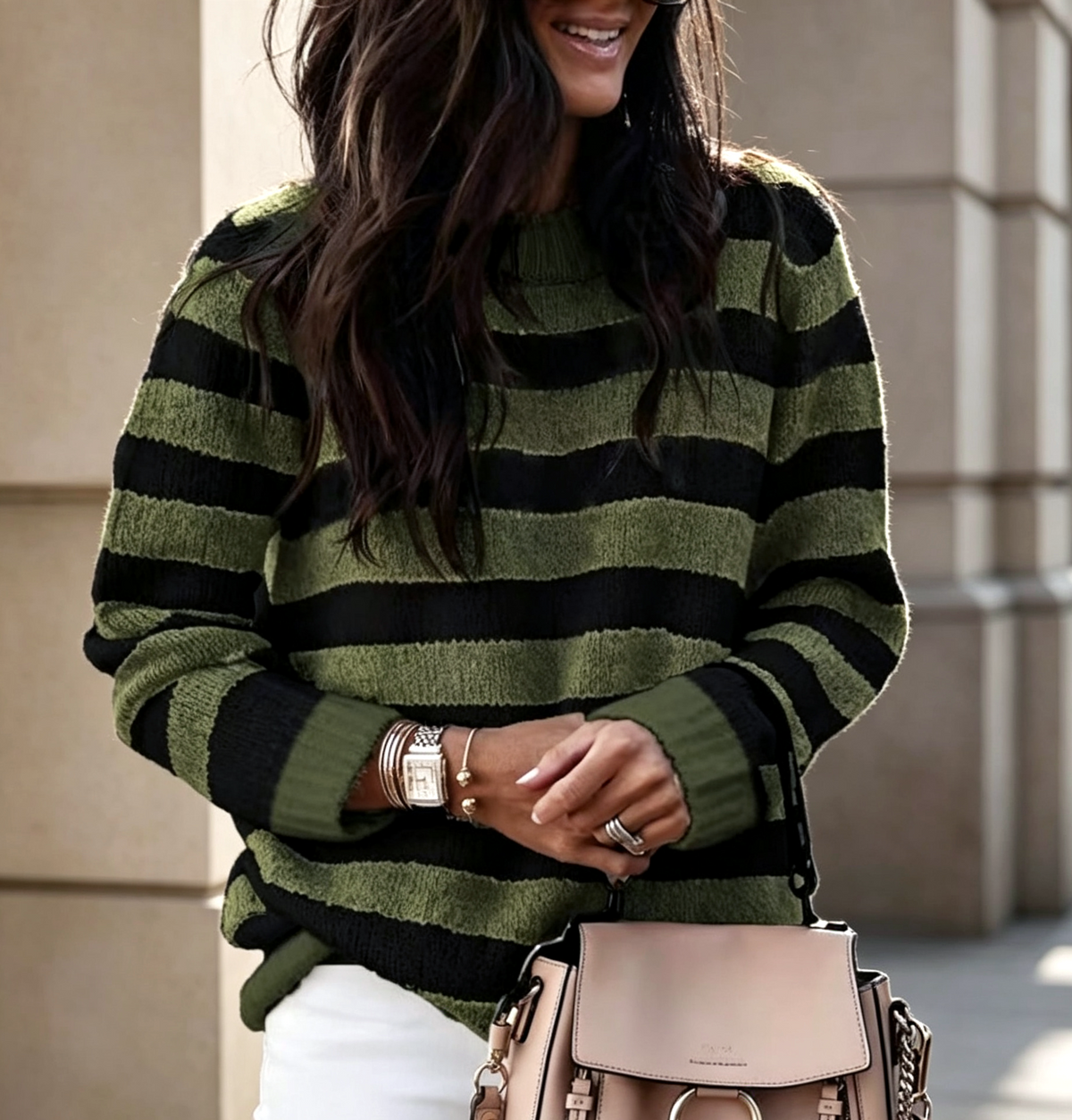 Cozy Colorblock Stripe Crewneck Sweater - DGreen