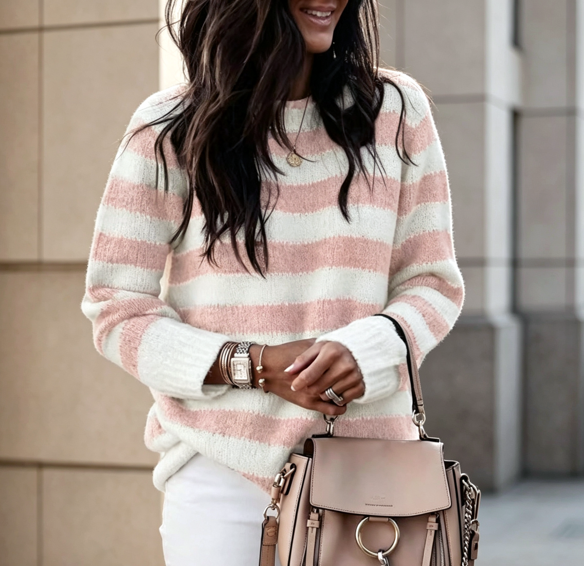 Cozy Colorblock Stripe Crewneck Sweater - Pink