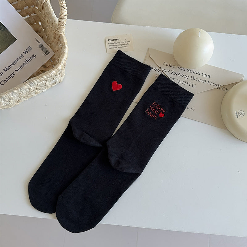 Embroidered Heart Cotton Crew Socks - Black