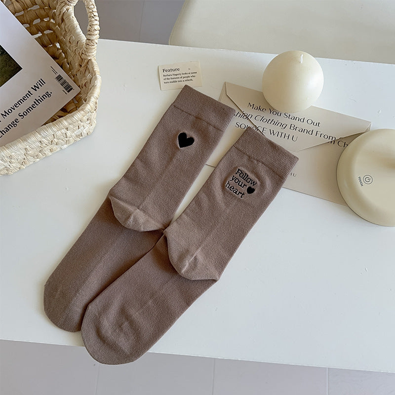 Embroidered Heart Cotton Crew Socks - Brown